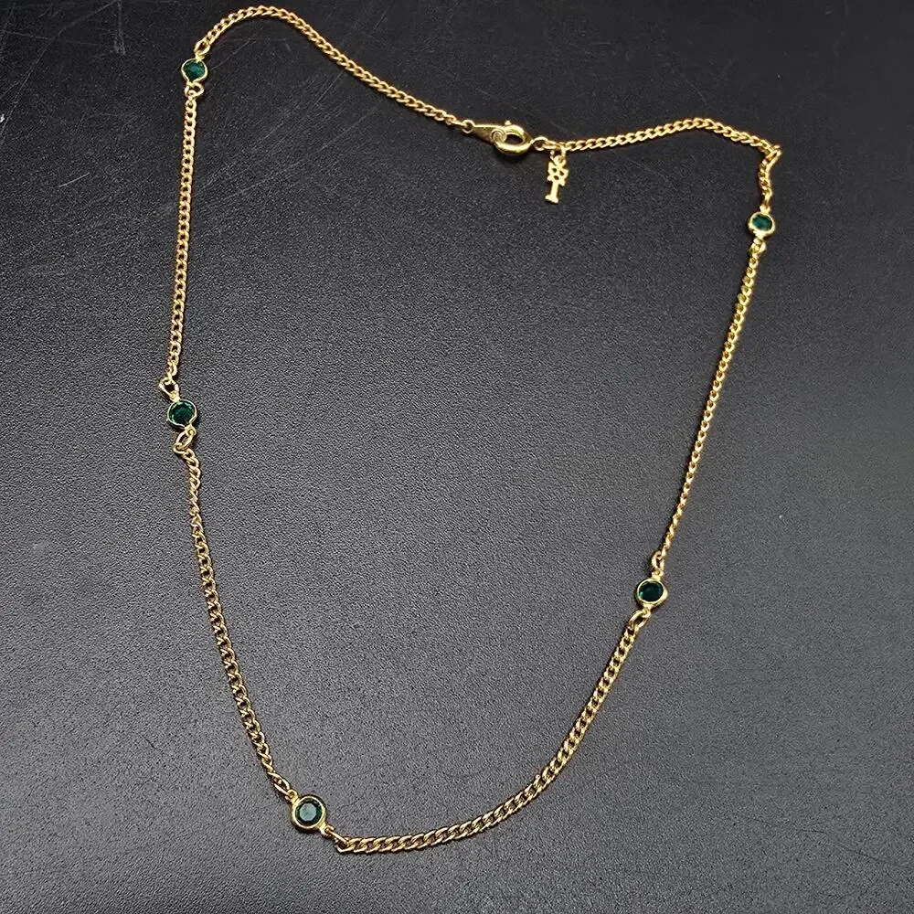 Trifari Gold Tone Green Station Necklace Chain Vintage Costume Jewelry